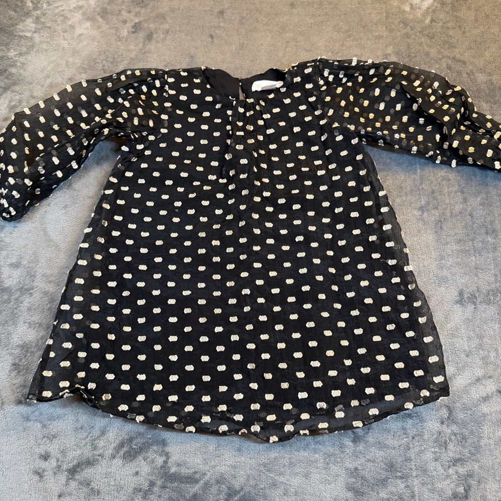 Zara Polka‎ Dot Blouse Kids Girls 3-4 Years Black Textured Chiffon Long Sleeve